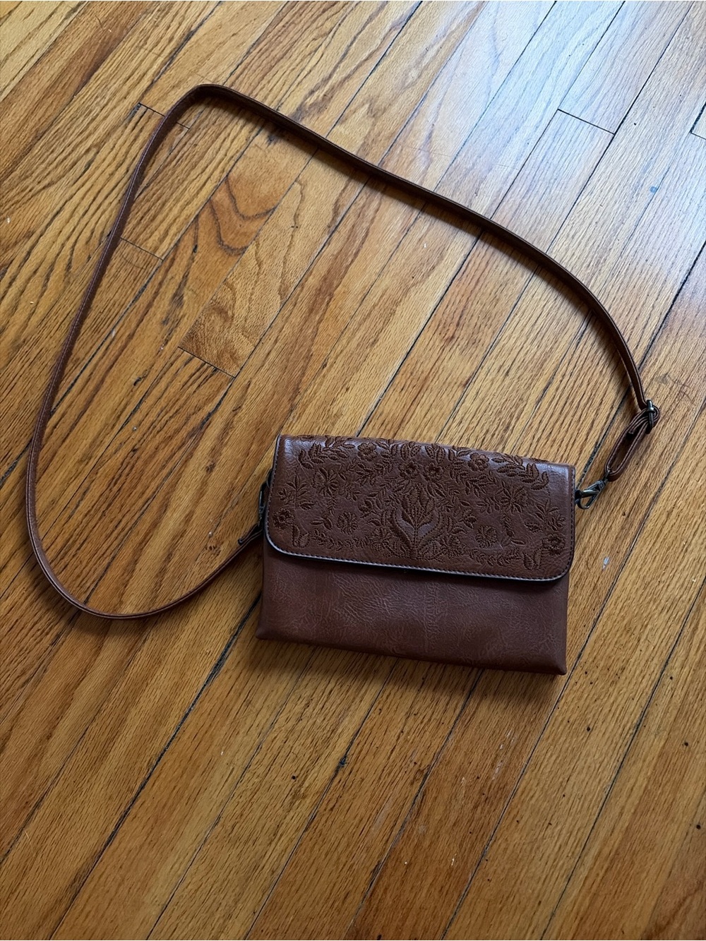 Brown Floral Embossed Crossbody Bag